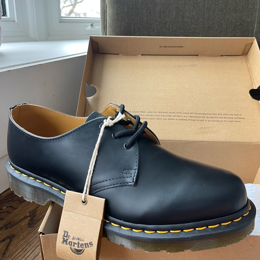 Dr. Martens Black Leather Oxfords with Yellow Stitching